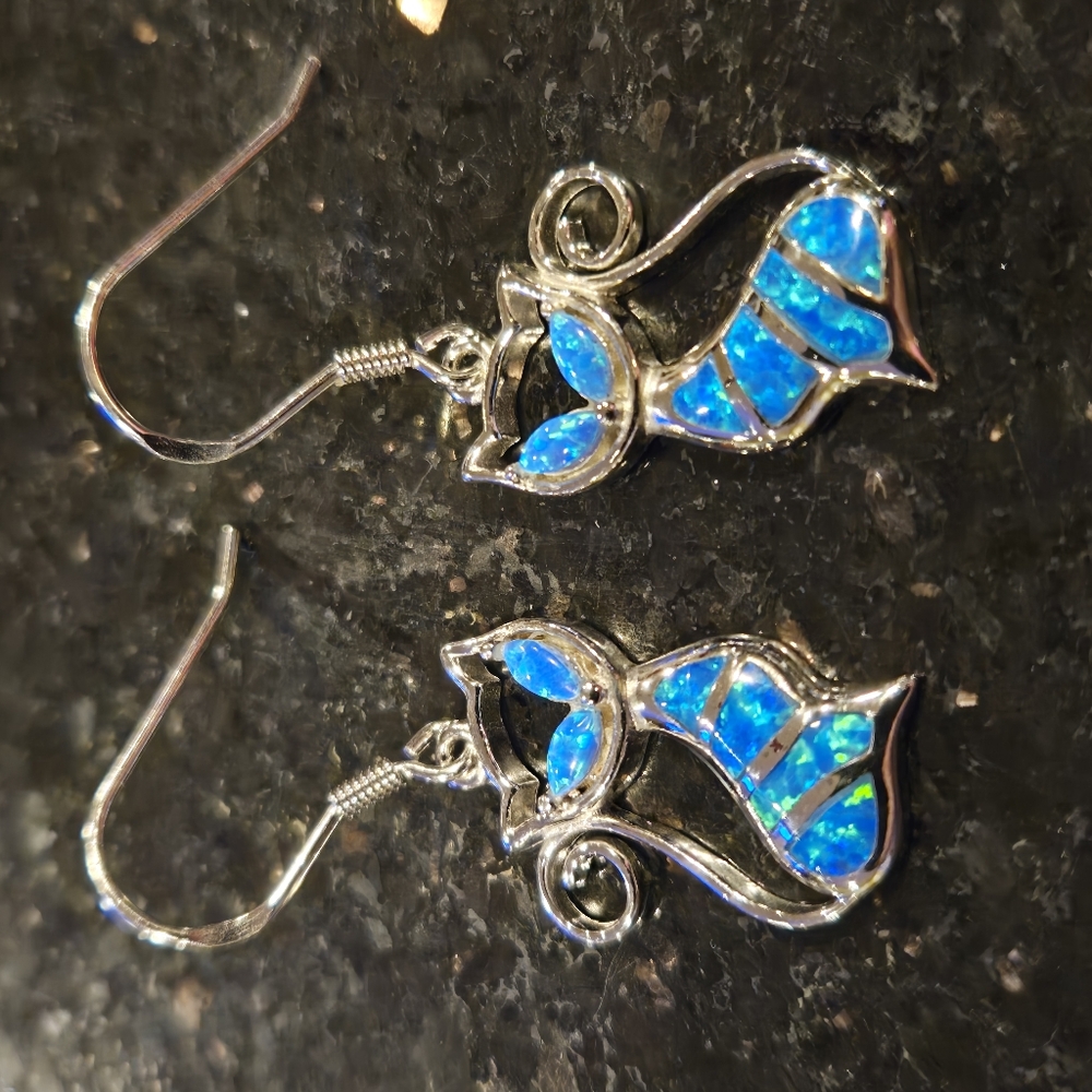 Created Blue Opaline Cat Earrings Sterling Silver Kitty Stylized Dangle … - Picture 3 of 9